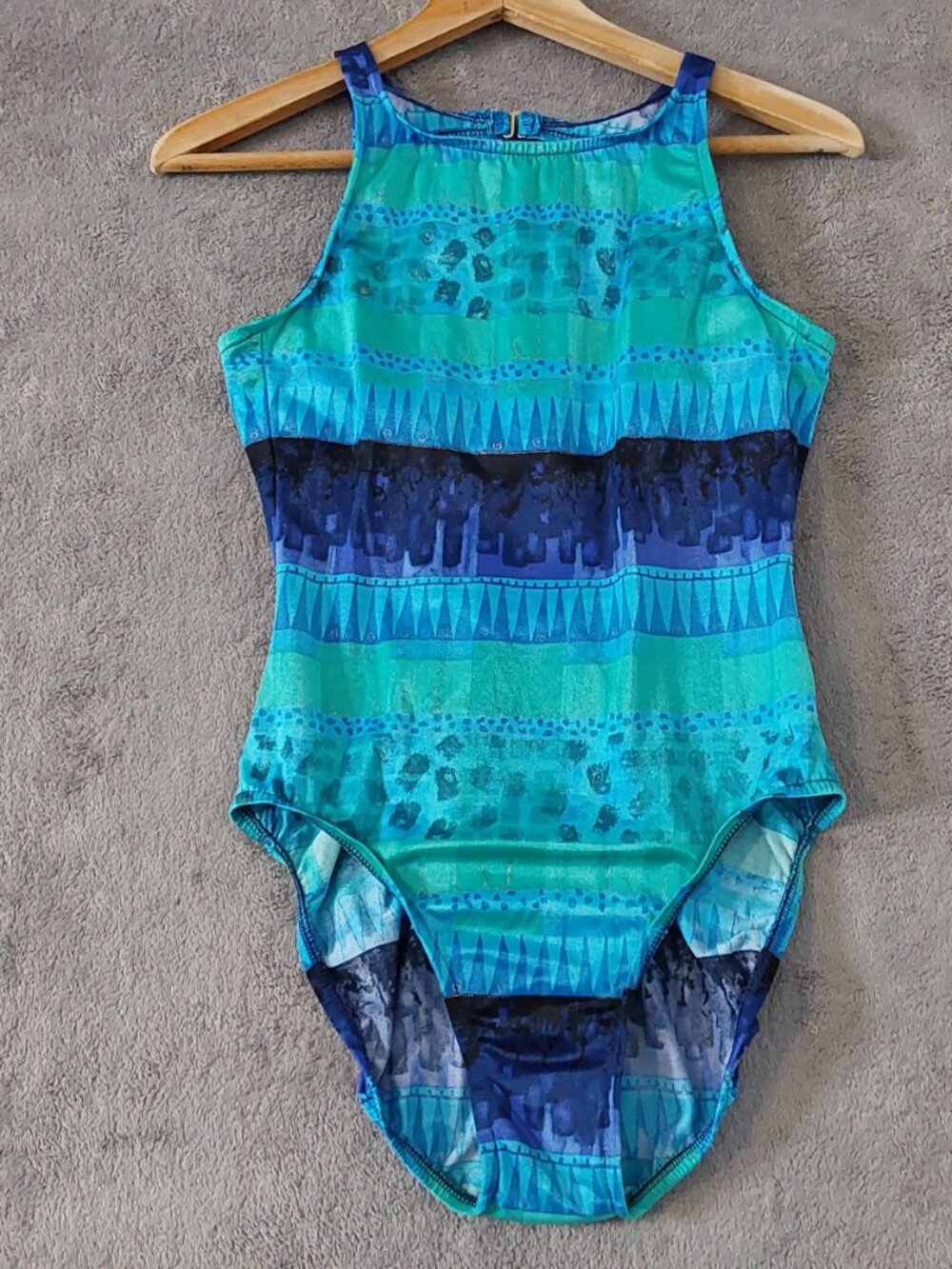 Jantzen Girls One Piece Swimsuit Size 12 Blue Green Geometric Print Swimwear